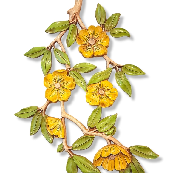 Large Vintage dart Syroco yellow and green cherry blossom wall décor - Picture 7 of 10